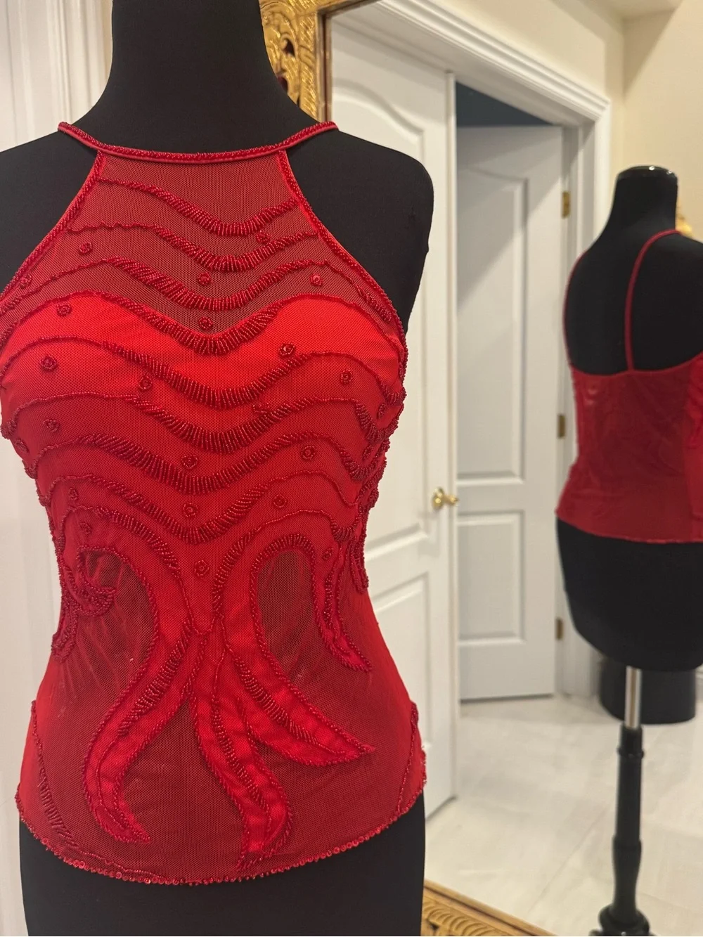 Red‎ hand Beaded Halter Sheer Camisole